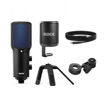 Kondensatorinis USB PC mikrofonas RØDE NT-USB+ — kardioidinis, 24-bit/48 kHz, 20–20000 Hz, 3.5 mm ausinių išėjimas, USB-C, juodas
