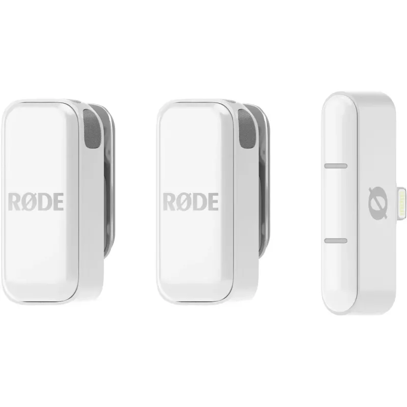 Belaidė mikrofono sistema Rode Wireless Micro Lightning – omnidirekcinė, 48 kHz/24 bitai, 7 h baterija, 100 m nuotolis, balta