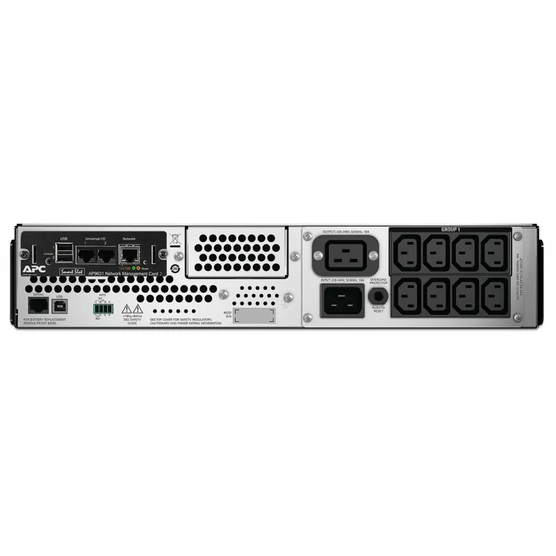 APC Smart-UPS SMT2200RMI2UNC, linijinis interaktyvus, 2200VA, 2U stelažinis, 230V, 8x IEC C13+2x IEC C19 lizdai, tinklo kortelė, AVR, LCD