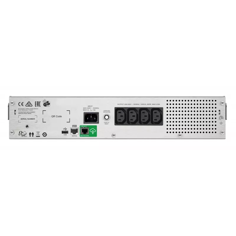 APC Smart-UPS C, linijinis interaktyvus, 1500VA, 2U stelažinis, 230V, 4x IEC C13 lizdai, SmartConnect prievadas, USB ir RS232 ryšys, AVR, grafinis LCD