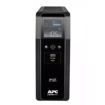 APC Back-UPS Pro, 1200VA/720W, bokštinis, 230V, 8x IEC C13 lizdai, sinusinė banga, AVR, USB Type A + C prievadai, LCD, keičiama baterija