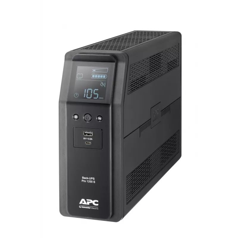 APC Back-UPS Pro, 1200VA/720W, bokštinis, 230V, 8x IEC C13 lizdai, sinusinė banga, AVR, USB Type A + C prievadai, LCD, keičiama baterija