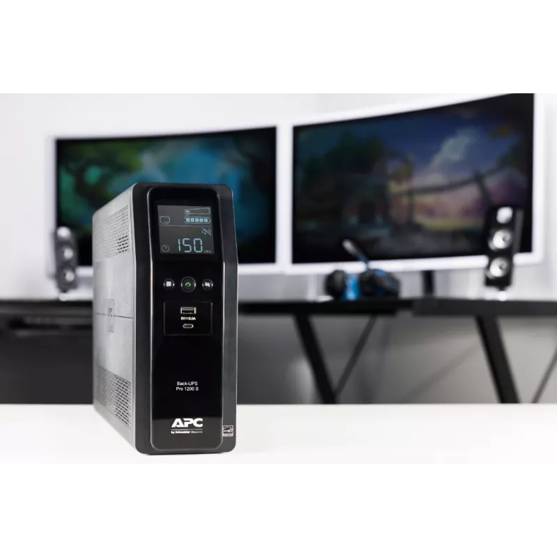 APC Back-UPS Pro, 1200VA/720W, bokštinis, 230V, 8x IEC C13 lizdai, sinusinė banga, AVR, USB Type A + C prievadai, LCD, keičiama baterija