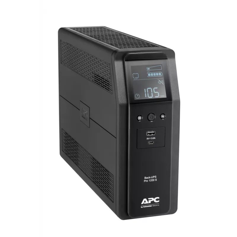 APC Back-UPS Pro, 1200VA/720W, bokštinis, 230V, 8x IEC C13 lizdai, sinusinė banga, AVR, USB Type A + C prievadai, LCD, keičiama baterija