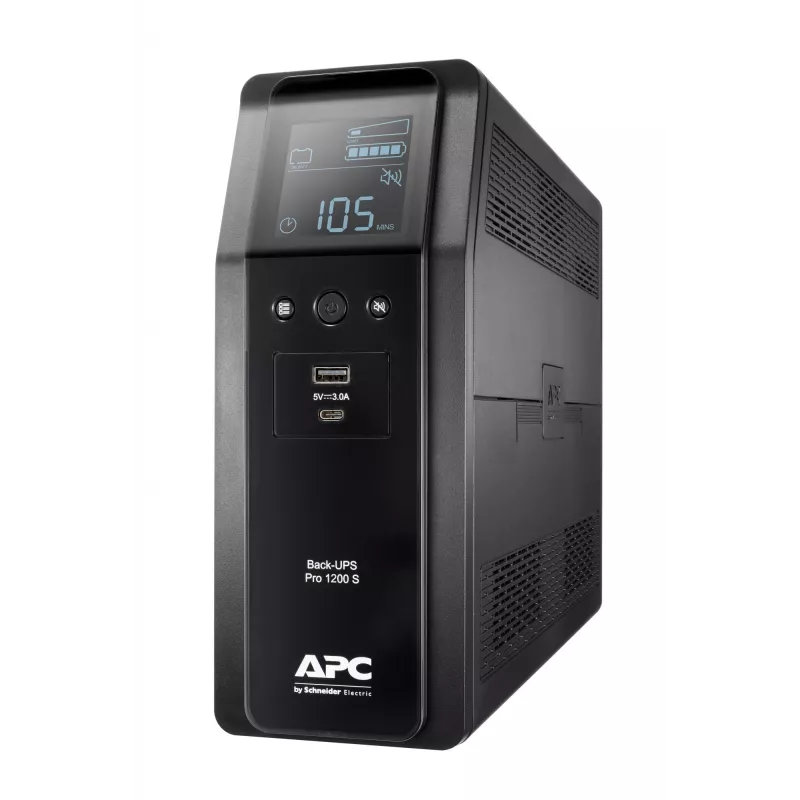 APC Back-UPS Pro, 1200VA/720W, bokštinis, 230V, 8x IEC C13 lizdai, sinusinė banga, AVR, USB Type A + C prievadai, LCD, keičiama baterija