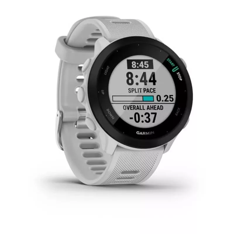 Išmanusis laikrodis GARMIN Forerunner 55 — 42 mm apvalus sportinis laikrodis, GPS/GLONASS/Galileo, 14 dienų baterija, 5 ATM, silikoninis baltas dirželis