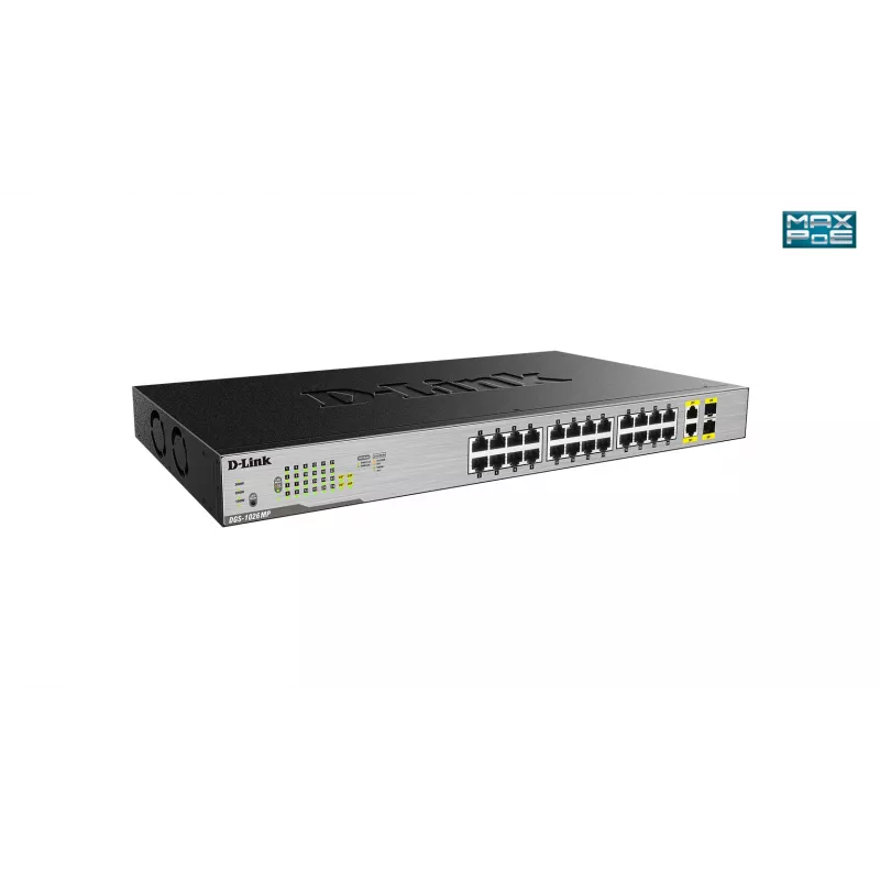 D-Link DGS-1026MP 24 prievadų stalinis Gigabit nevaldomas PoE jungiklis su 2 x 100/1000Mbps kombinuotais prievadais