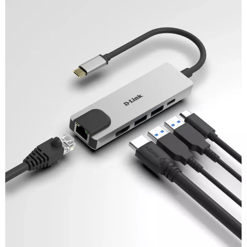 D-Link 5 viename USB-C centras su HDMI / Ethernet ir Power Delivery