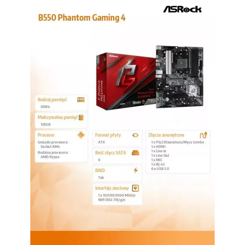 ASRock B550 Phantom Gaming 4 AMD B550 Socket AM4 ATX pagrindinė plokštė
