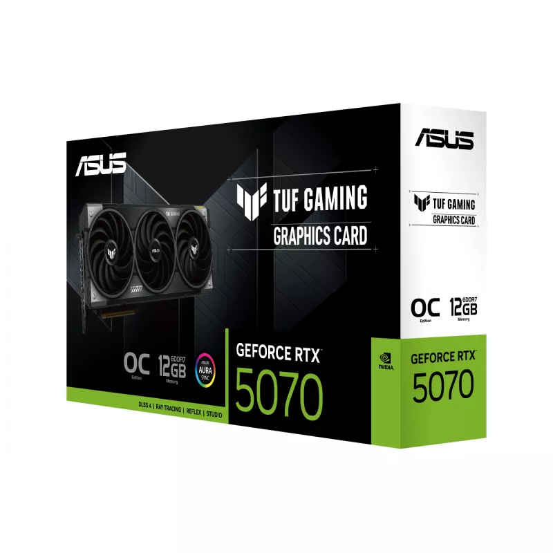 Vaizdo plokštė ASUS GeForce RTX 5070 12 GB GDDR7, PCIe 5.0, 192 bit, OC, 3xDP 2.1b + 2xHDMI 2.1b, 3 ventiliatoriai, 750 W maitinimo šaltinis