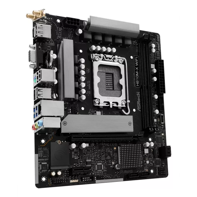 Motininė plokštė ASRock H810M-X WiFi — Intel H810, LGA 1851, microATX, DDR5, 2 DIMM, 128 GB, Wi‑Fi 5, 2.5Gb LAN, M.2, SATA III