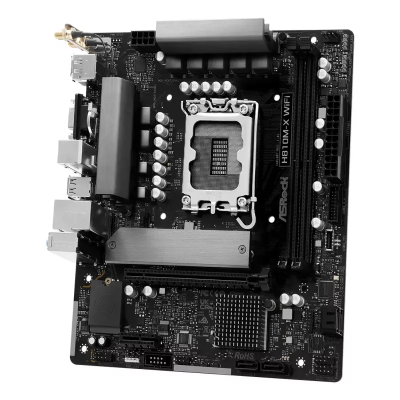 Motininė plokštė ASRock H810M-X WiFi — Intel H810, LGA 1851, microATX, DDR5, 2 DIMM, 128 GB, Wi‑Fi 5, 2.5Gb LAN, M.2, SATA III