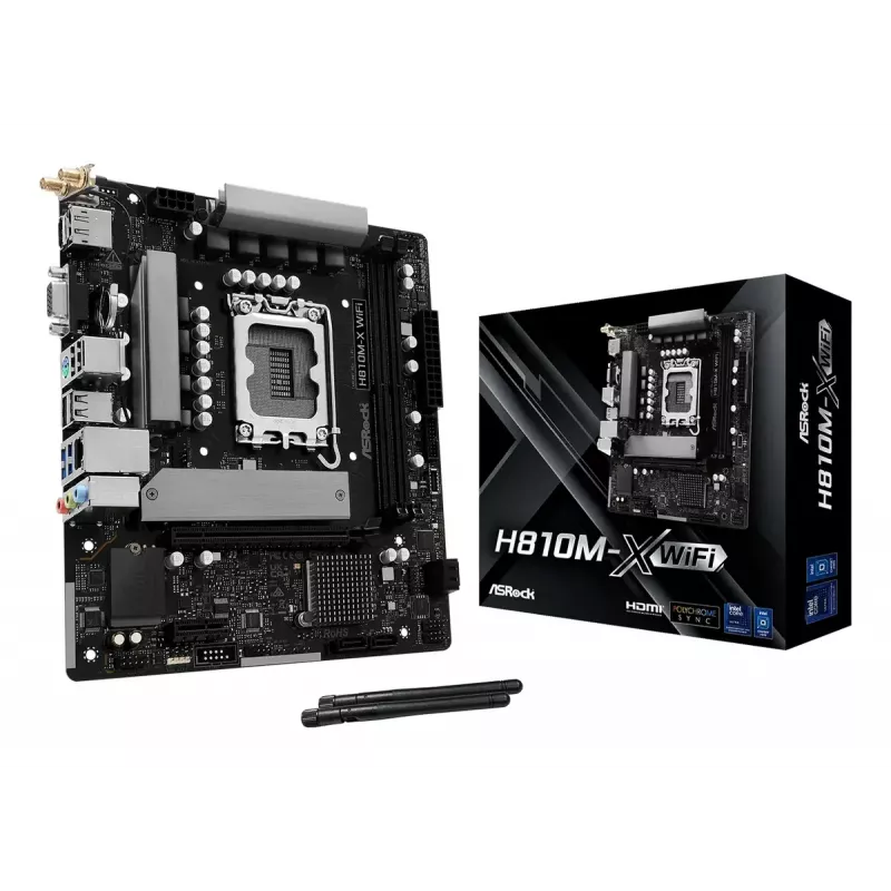 Motininė plokštė ASRock H810M-X WiFi — Intel H810, LGA 1851, microATX, DDR5, 2 DIMM, 128 GB, Wi‑Fi 5, 2.5Gb LAN, M.2, SATA III