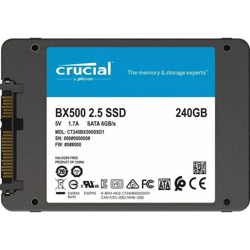 CRUCIAL BX500 240GB SSD, 2,5 colio 7 mm, SATA 6 Gb/s, Skaitymas/Rašymas: 540 / 500 MB/s