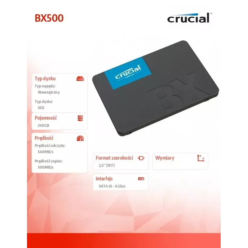 CRUCIAL BX500 240GB SSD, 2,5 colio 7 mm, SATA 6 Gb/s, Skaitymas/Rašymas: 540 / 500 MB/s