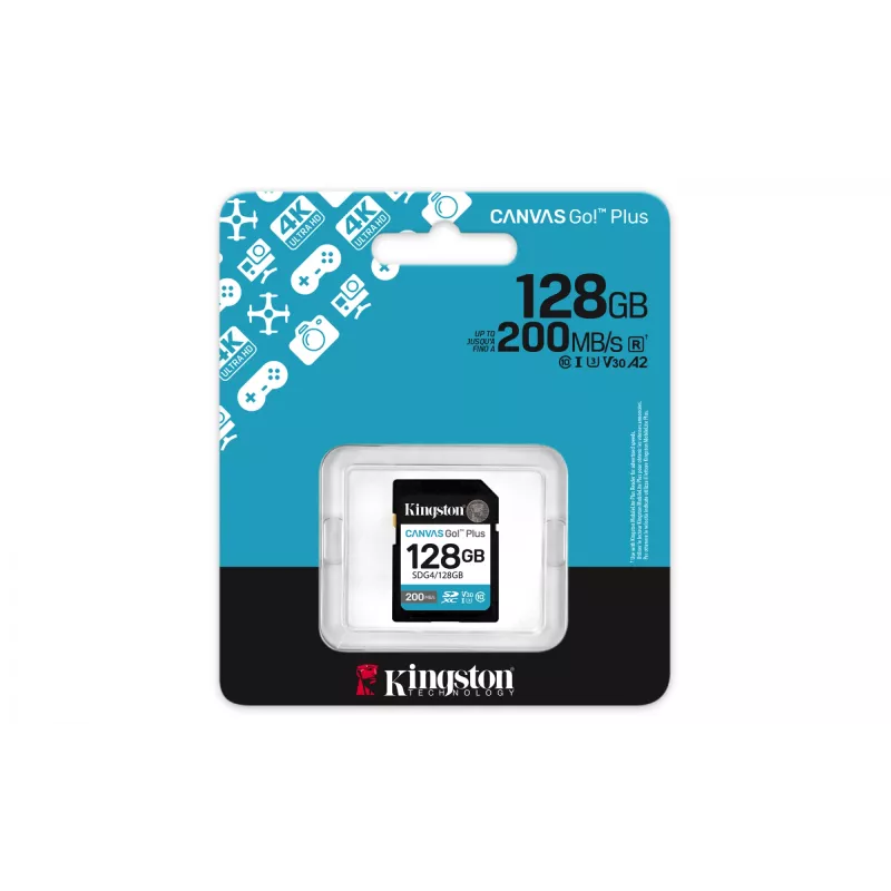 Kingston Canvas Go! Plus 128GB SDXC atminties kortelė (SDG4/128GB, 200MB/s skaitymas, C10, UHS-I, U3, V30)
