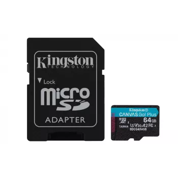 Kingston Technology 64GB microSDXC Canvas Go Plus Gen4 200MB/s A2 U3 V30 kortelė su adapteriu