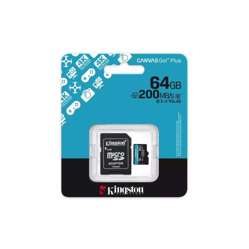 Kingston Technology 64GB microSDXC Canvas Go Plus Gen4 200MB/s A2 U3 V30 kortelė su adapteriu
