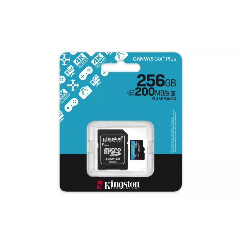 Kingston Technology 256GB microSDXC Canvas Go Plus Gen4 200MB/s A2 U3 V30 atminties kortelė su adapteriu