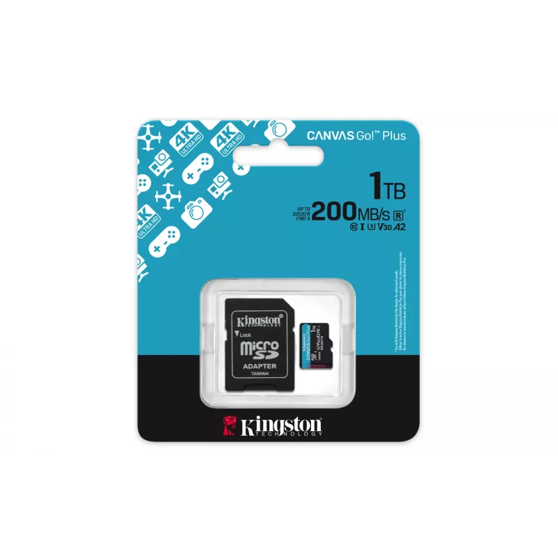 Kingston Technology 1TB microSDXC Canvas Go Plus Gen4 200MB/s A2 U3 V30 kortelė su adapteriu