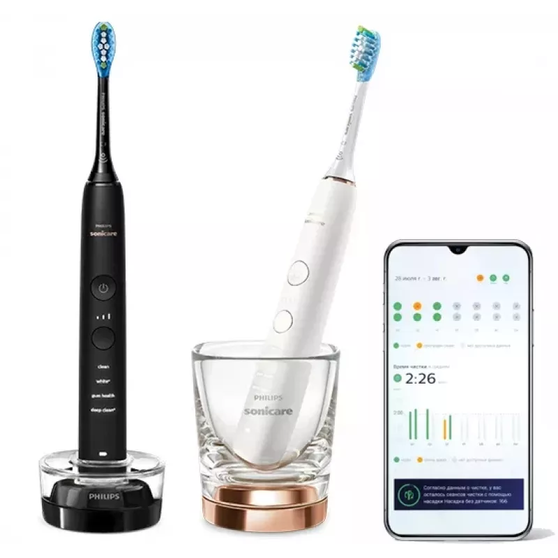 Philips HX9914/57 DiamondClean 9000 2 vnt. komplektas Juoda/Balta elektrinis dantų šepetėlis