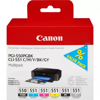 Canon PGI-550/CLI-551 PGBK/C/M/Y/BK/GY 6 vnt. rašalo kasečių rinkinys