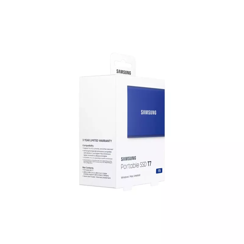Išorinis SSD Samsung T7 Portable 1 TB, USB-C 3.2 Gen 2, NVMe, AES-256 aparatinė šifravimo, Mėlyna