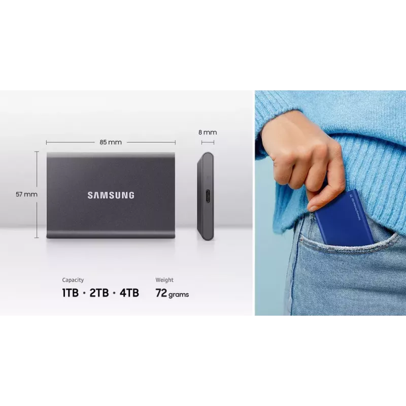 Išorinis SSD Samsung T7 Portable 1 TB, USB-C 3.2 Gen 2, NVMe, AES-256 aparatinė šifravimo, Mėlyna