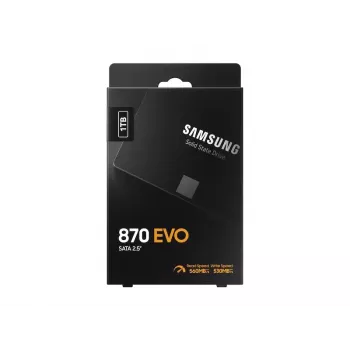 SSD 2,5 colio Samsung 870 EVO 1000 GB — SATA III, skaitymas 560 MB/s, rašymas 530 MB/s, juoda