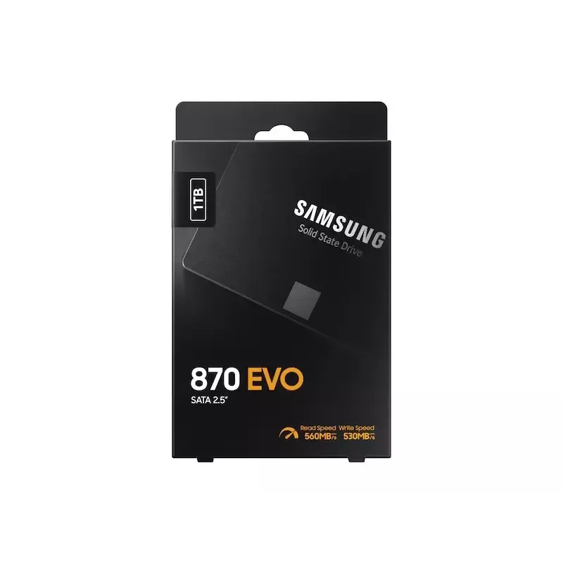SSD 2,5 colio Samsung 870 EVO 1000 GB — SATA III, skaitymas 560 MB/s, rašymas 530 MB/s, juoda