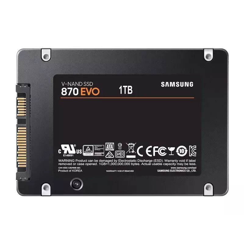 SSD 2,5 colio Samsung 870 EVO 1000 GB — SATA III, skaitymas 560 MB/s, rašymas 530 MB/s, juoda