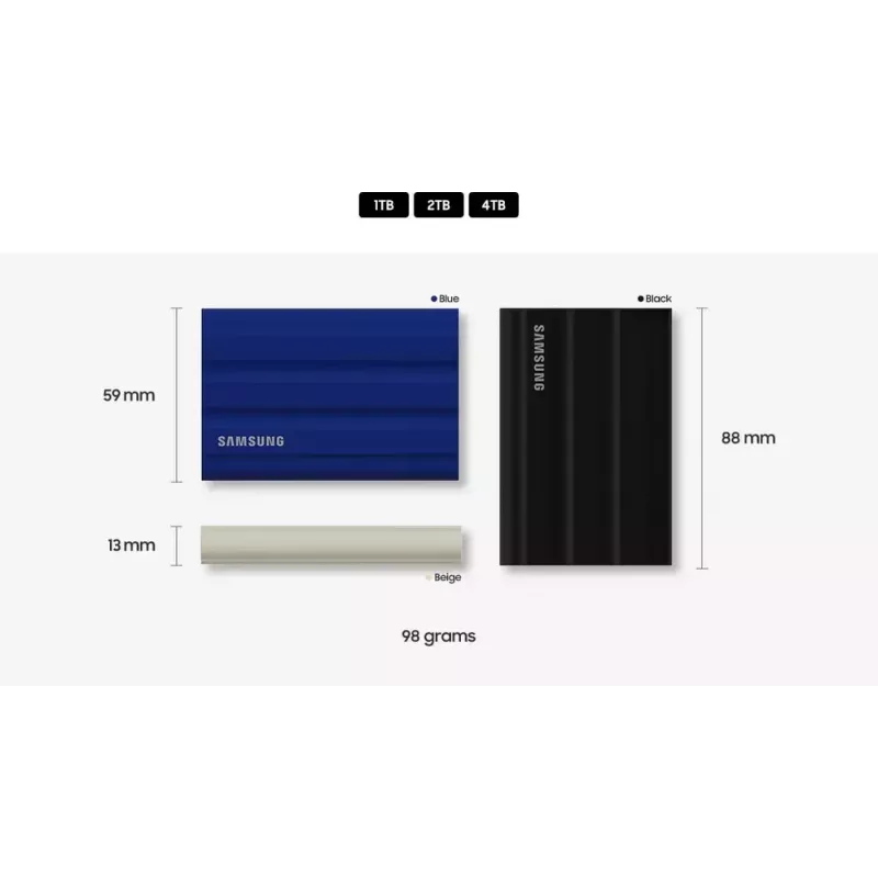 Išorinis SSD Samsung MU-PE2T0K 2 TB NVMe nešiojamas USB Type-C 3.2 Gen 2, skaitymas 1050 MB/s, rašymas 1000 MB/s, smėlio spalvos guminis korpusas