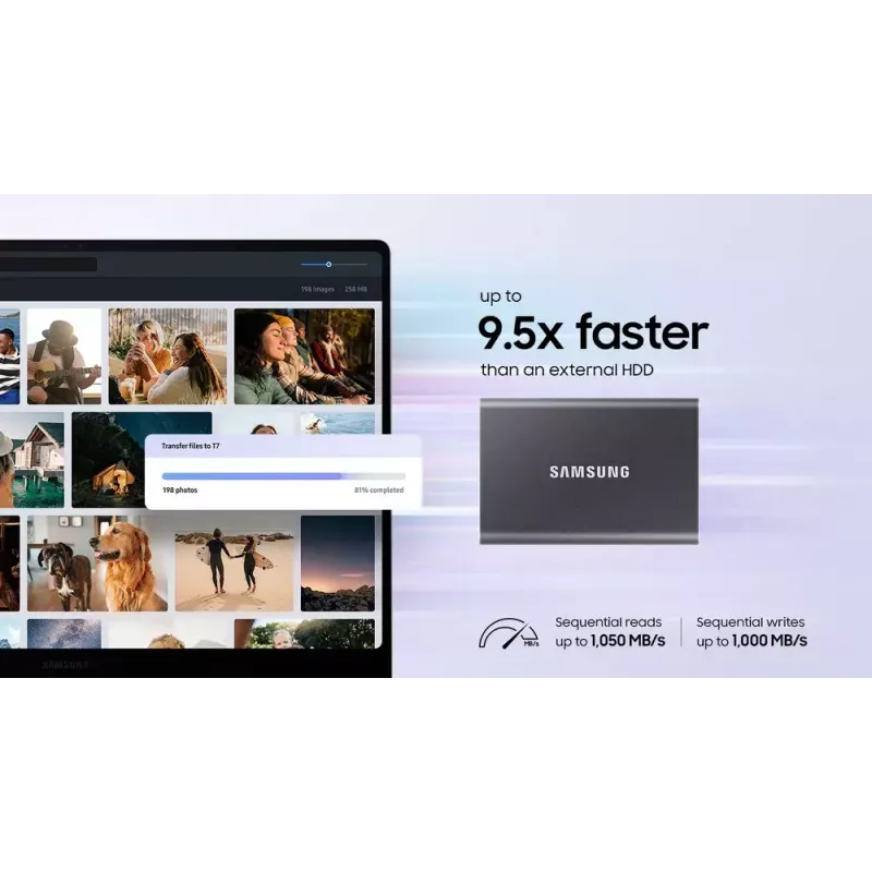Nešiojamas SSD Samsung MU-PC4T0T 4TB USB Type-C 3.2 Gen 2, 1050/1000 MB/s, AES-256 aparatinis šifravimas, atsparus kritimams