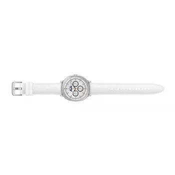 Išmanusis laikrodis Samsung Galaxy Watch 8 Classic 46 mm — 1,3 colio AMOLED, 438×438, 64 GB, „Wi-Fi“, GPS, sidabrinis korpusas, balta juosta