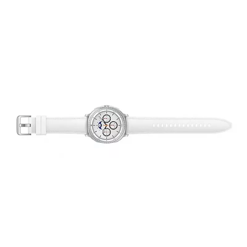 Išmanusis laikrodis Samsung Galaxy Watch 8 Classic 46 mm — 1,3 colio AMOLED, 438×438, 64 GB, „Wi-Fi“, GPS, sidabrinis korpusas, balta juosta