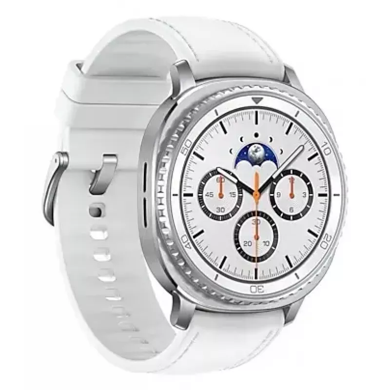 Išmanusis laikrodis Samsung Galaxy Watch 8 Classic 46 mm — 1,3 colio AMOLED, 438×438, 64 GB, „Wi-Fi“, GPS, sidabrinis korpusas, balta juosta