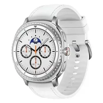 Išmanusis laikrodis Samsung Galaxy Watch 8 Classic 46 mm — 1,3 colio AMOLED, 438×438, 64 GB, „Wi-Fi“, GPS, sidabrinis korpusas, balta juosta