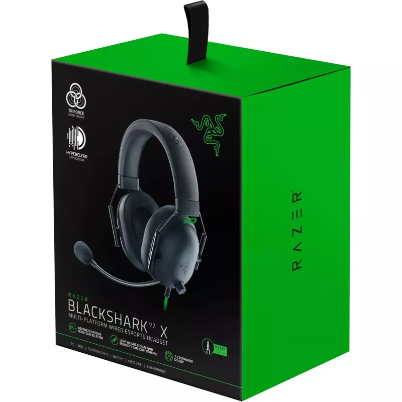 Laidinis žaidimų ausinių komplektas Razer BlackShark V2 X, 3.5 mm, 32 Ω, 100 dB, triukšmą slopinantis boom mikrofonas, 1.3 m laidas, žalia/juoda