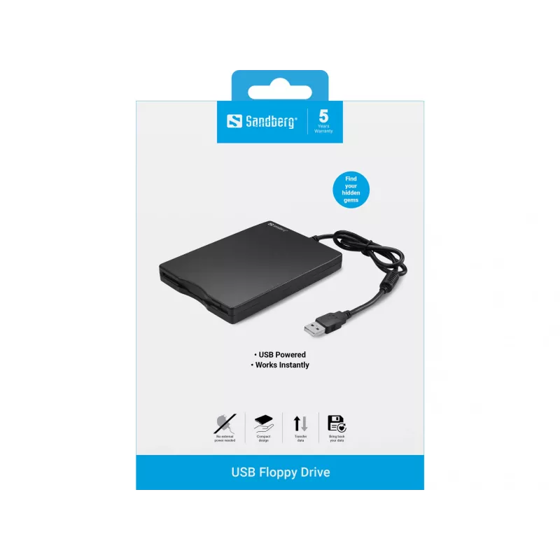 Sandberg USB Floppy Drive, išorinis diskelių įrenginys, USB 2.0, 360 RPM, 102 mm, 140 mm, 17 mm