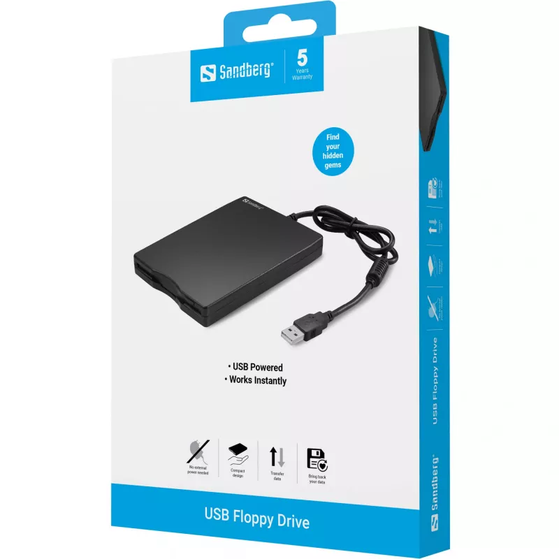 Sandberg USB Floppy Drive, išorinis diskelių įrenginys, USB 2.0, 360 RPM, 102 mm, 140 mm, 17 mm