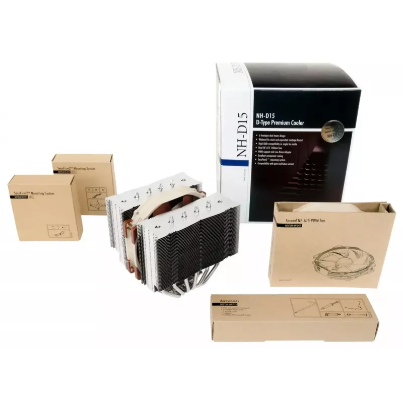 Aušintuvas CPU Noctua NH-D15 14 cm, smėlio/ruda/plieno spalvos, 1500 RPM, 140,2 m³/h