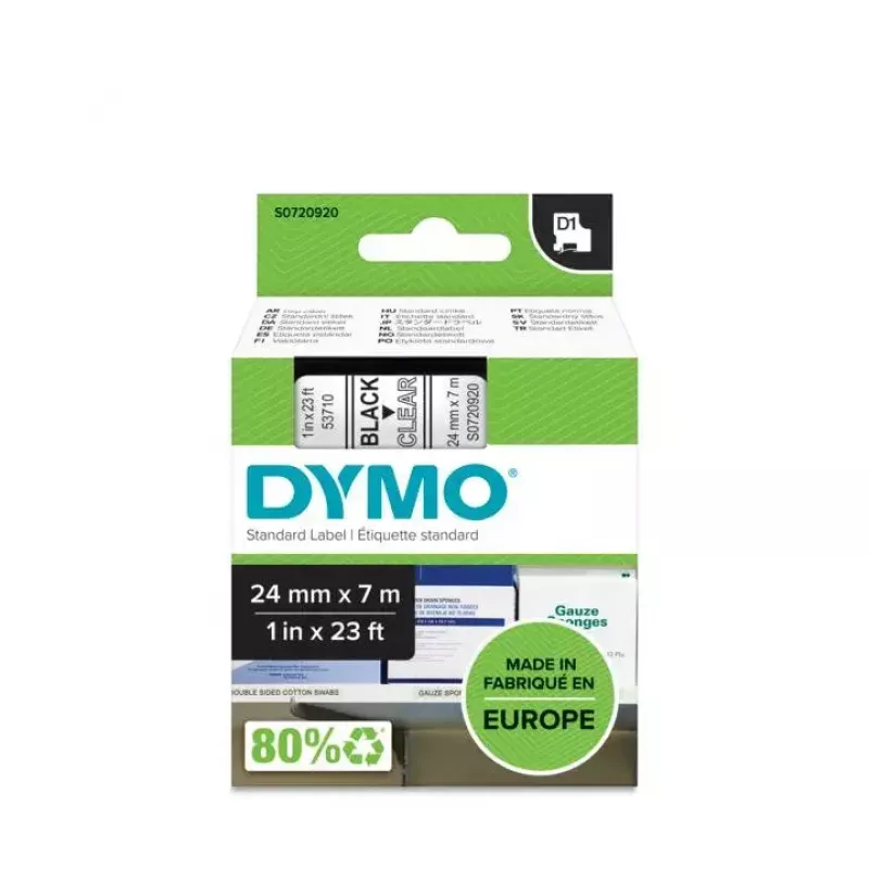 DYMO D1 lipni juosta | 24 mm x 7 m | juodas spaudinys ant skaidrios | poliesterio juosta etikečių spausdintuvams LabelManager
