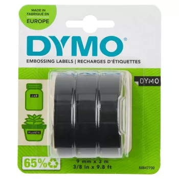 DYMO autentiška reljefinė etikečių juosta | 9 mm x 3 m ritiniai | Baltas tekstas juodame fone | Lipni | Reljefiniams etikečių spausdintuvams | 3 vnt.