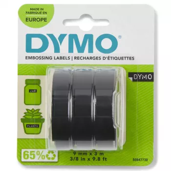 DYMO autentiška reljefinė etikečių juosta | 9 mm x 3 m ritiniai | Baltas tekstas juodame fone | Lipni | Reljefiniams etikečių spausdintuvams | 3 vnt.