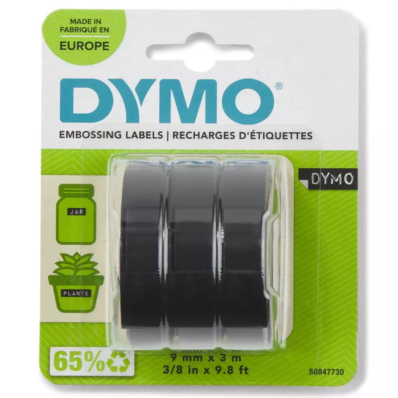 DYMO autentiška reljefinė etikečių juosta | 9 mm x 3 m ritiniai | Baltas tekstas juodame fone | Lipni | Reljefiniams etikečių spausdintuvams | 3 vnt.