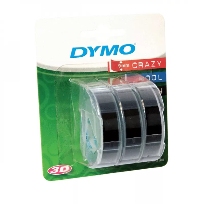 DYMO autentiška reljefinė etikečių juosta | 9 mm x 3 m ritiniai | Baltas tekstas juodame fone | Lipni | Reljefiniams etikečių spausdintuvams | 3 vnt.