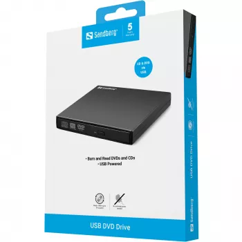 Sandberg USB DVD įrenginys, juodas, staliniui/nešiojamam kompiuteriui, DVD Super Multi, USB 2.0, 24x