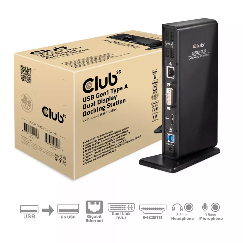 CLUB3D CSV-3242HD USB Gen1 Type A dviejų monitorių (HDMI ir DVI) DisplayLink stotelė