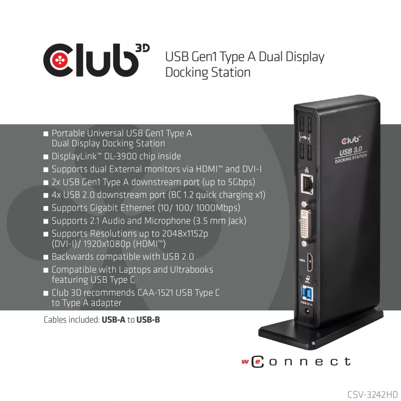 CLUB3D CSV-3242HD USB Gen1 Type A dviejų monitorių (HDMI ir DVI) DisplayLink stotelė