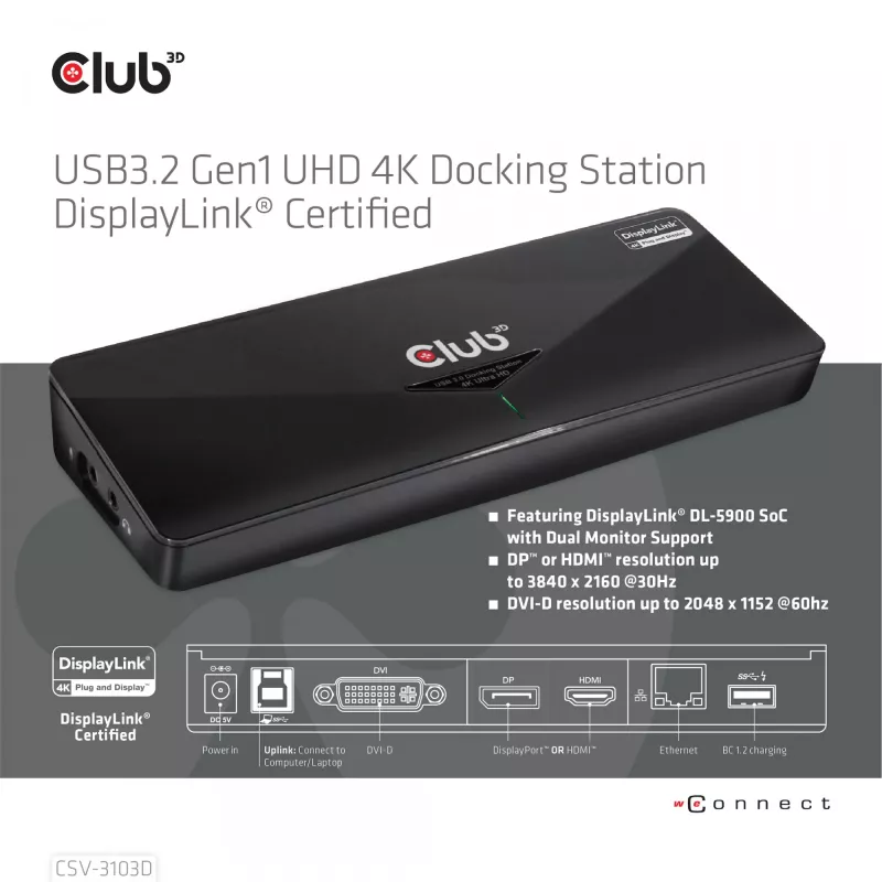 CLUB3D CSV-3103D Universali USB 3.1 Gen 1 UHD 4K doko stotelė su DisplayLink™